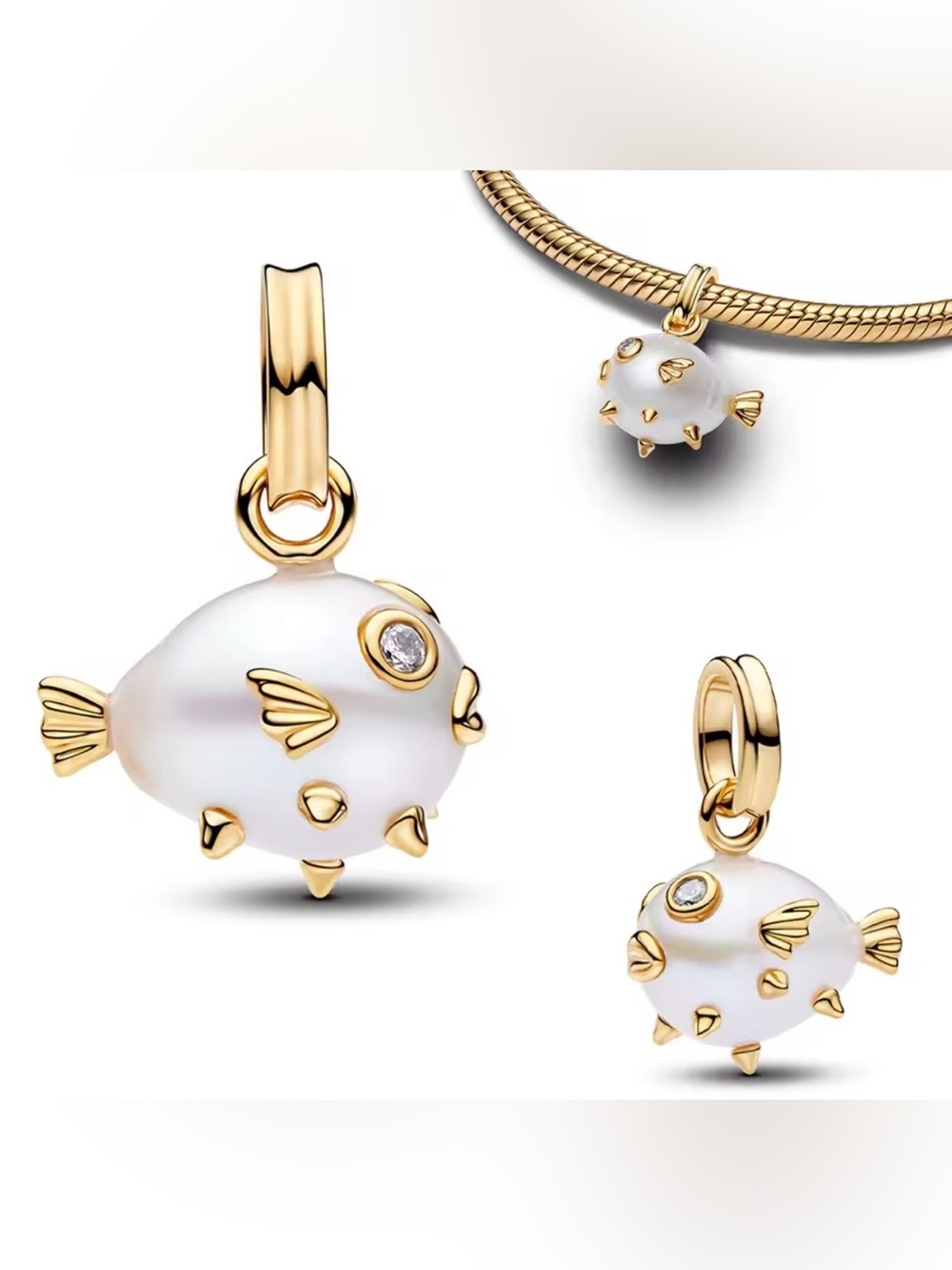 NWOT Faux Pearl Pufferfish Dangle Charm Sterling Silver 925